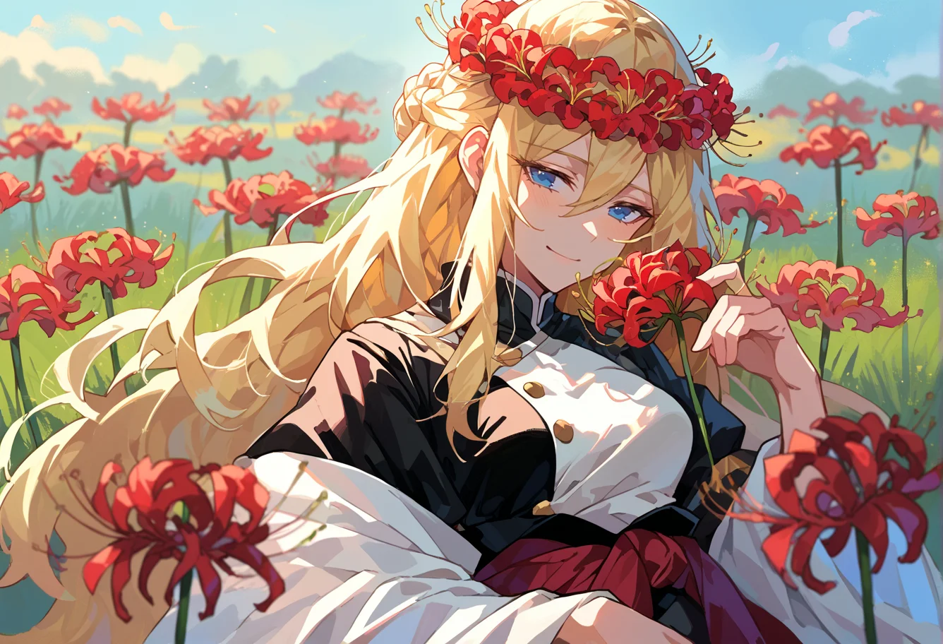 score_9, score_7_up, source_anime, BREAK <lora:Spiderlily:1> spider lily, holding flower, spider lily flower field, red flower wreath, half-closed eyes,
black kimono, light smile, 1girl, blue eyes, very long hair, blonde hair, long blonde hair, french braid, bangs, hair between eyes, medium breasts, on back, flower bed,