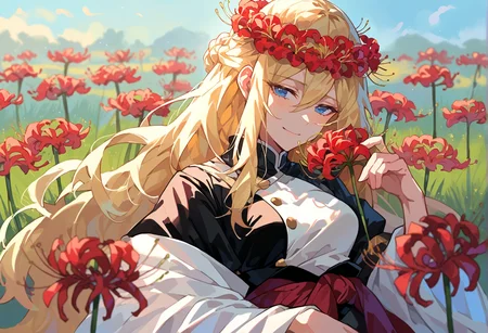score_9, score_7_up, source_anime, BREAK <lora:Spiderlily:1> spider lily, holding flower, spider lily flower field, red flower wreath, half-closed eyes,
black kimono, light smile, 1girl, blue eyes, very long hair, blonde hair, long blonde hair, french braid, bangs, hair between eyes, medium breasts, on back, flower bed,