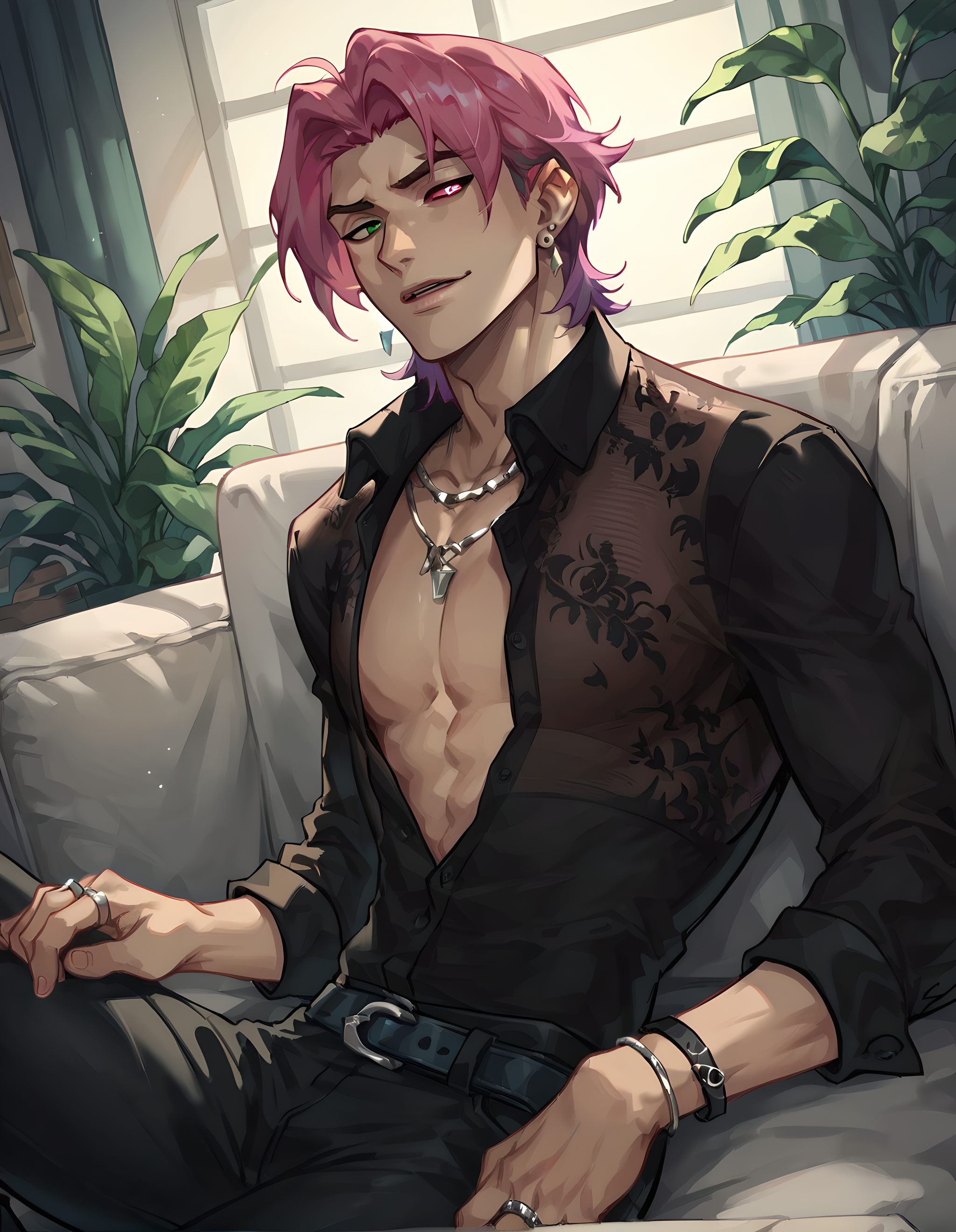 score_9, score_8_up, score_7_up, hs kayn, solo, looking at viewer, shirt, 1boy, jewelry, sitting on sofa, upper body, pink hair, male focus, earrings, open clothes, collared shirt, belt, pants, necklace, bracelet, black shirt, open shirt, dress shirt, black pants, ring, pectorals, belt buckle, pectoral cleavage, heterochromia, green eyes, red eyes, 
<lora:HS_Kayn_Test2:0.76>, zPDXL, indoors, night