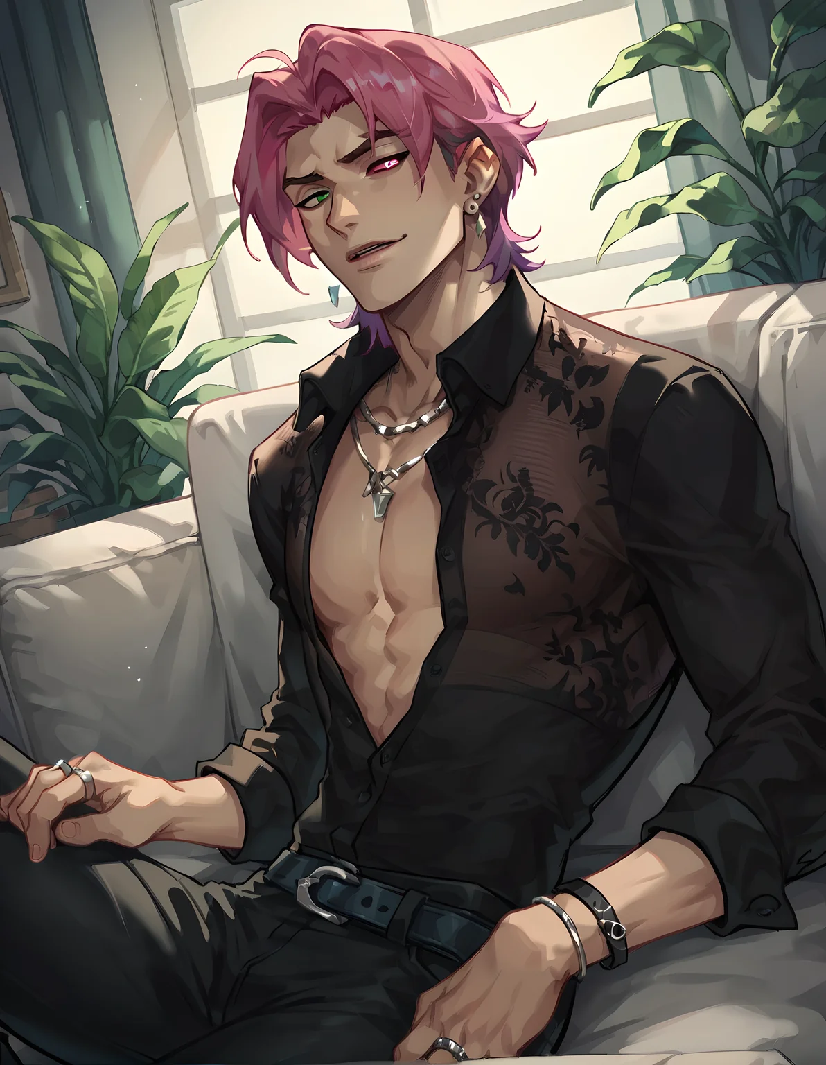 score_9, score_8_up, score_7_up, hs kayn, solo, looking at viewer, shirt, 1boy, jewelry, sitting on sofa, upper body, pink hair, male focus, earrings, open clothes, collared shirt, belt, pants, necklace, bracelet, black shirt, open shirt, dress shirt, black pants, ring, pectorals, belt buckle, pectoral cleavage, heterochromia, green eyes, red eyes,
<lora:HS_Kayn_Test2:0.76>, zPDXL, indoors, night