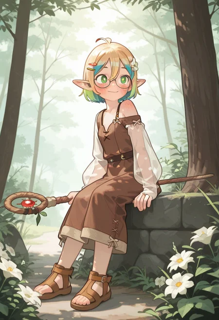 Flat colors, high detailed, high quality, masterpiece, best quality, very awa, absurdres, detailed eyes, detailed face, detailed skin, anime, cinematic light, dynamic shot, BREAK (colorful:1.3), (cute character:1.5), 1girl, Mycelia, rainbow colored hair, candy hairclip, round glasses, green eyes, freckles, petite, solo, blush, smile, short hair, long sleeves, hair ornament, dress, hair between eyes, closed mouth, bare shoulders, sitting, full body, flower, outdoors, detached sleeves, sleeveless, pointy ears, puffy sleeves, tree, looking to the side, see-through, sleeveless dress, brown footwear, sandals, white flower, antenna hair, elf, polearm, staff, puffy long sleeves, bridal gauntlets, single bare shoulder, see-through sleeves, (marcille_donato:0.8), possmach, (tianliang_duohe_fangdongye:0.6)