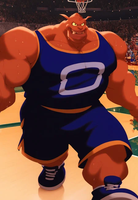 very detailed, highly detailed texture, (highly detailed face, (perfect face, perfect eyes)), depth of field, perfect soft lighting, best shadows, perfect reflections, volumetric, detailed image, high resolution, anime, male focus, gay, score_9, score_8_up, score_7_up, score_6_up, score_5_up, score_4_up, shiny, thick arms, sweat, sweaty body, Pound, 1boy, muscular, fat, shorts, sportswear, tank top, blue shoes, bara, colored skin, fangs, bald, floppy pointed ears, pectorals, basketball uniform, colored sclera, black eyes, sleeveless,