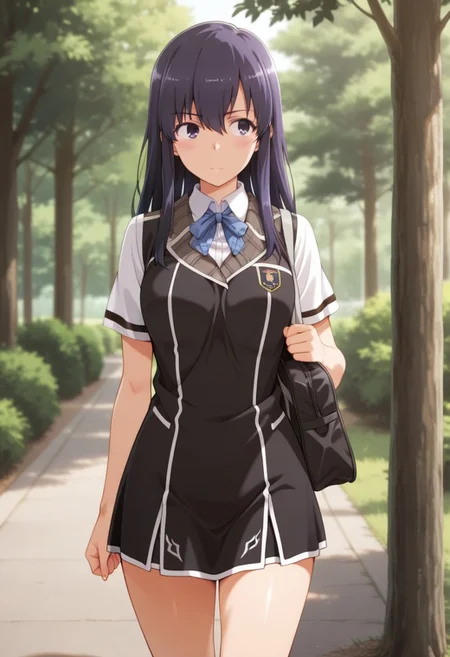masterpiece,best quality,amazing quality, ayatsuji ayase, dark purple hair, long hair, purple eyes, 1girl, solo, school uniform, tree