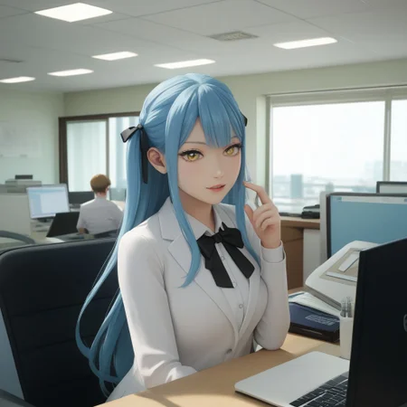 score_9, score_8, score_7, anime style, anime, (masterpiece:1.2, best quality:1.2), ((ultra-detailed)), best anatomy, togawa sakiko, long hair, blue hair, yellow eyes, black ribbon, hair ribbon, two side up, bangs, messyjapaneseoff1ce, office interior, indoors, office, doing_customer_assistant_work, in front of computer,