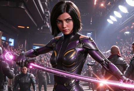 Expressiveh, cyberpunk, 1 girl, black hair, pixie haircut, solo, sexy, beauty, alita wears a mecanical robot bodysuit,fighting stance,hightech laser whip