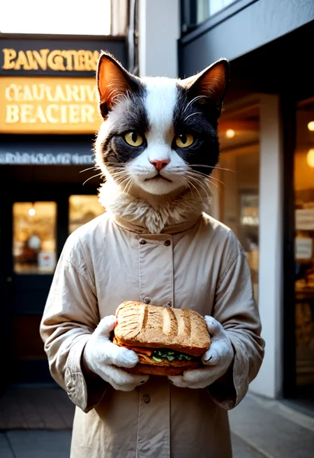 score_9, score_8_up, score_7_up, BREAK, rating_safe, 
bakery_front, outdoors,
(cat:1.2), fur, animal hands,  holding, sandwich, 
animal focus, looking at viewer,  (personification:1.2), signature, logo, building,
very detailed, highly detailed, high detail, soft lighting, depth of field,
<lora:add-detail-xl:1>,
<lora:sdxl_lightning_4step_lora:1>,
<lora:FRENCH_BAKERY_V1_PDXL-000006:0.8>