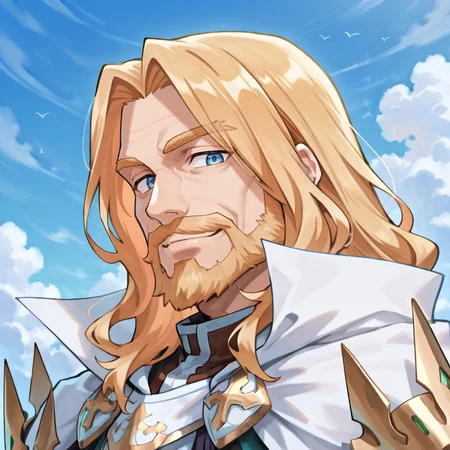 <lora:OrdeneIL:0.85> , ordedef, 1boy, blue eyes, blonde hair, long hair, facial hair, mustache, beard, white cape, collared cape, armor, pauldrons, ((portrait)), smile, exterior, blue sky, clouds, old man, wrinkles, , looking at viewer, solo, masterpiece, very aesthetic, absurdres, best quality, amazing quality, high resolution, newest, very awa, <lora:illustrious_quality_modifiers_masterpieces_v1:0.8> , <lora:ChamIllustriousBackgroundEnhancer:0.5>, ((solo)),