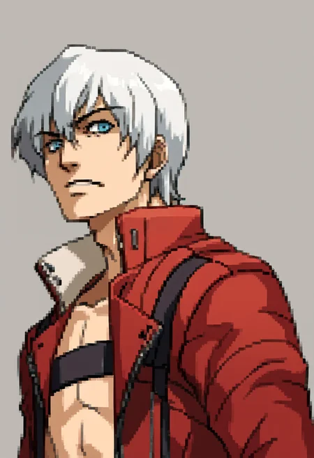 score_9, score_8_up, score_7_up, source_anime, BREAK ,solo, 1boy, <lora:P2-Protraits-pdxl_Fp:1>, portrait, simple background,  <lora:dmc3_dante_ponyXL:1>, dmc3dante, red coat, bandeau, standing, white hair, blue eyes,