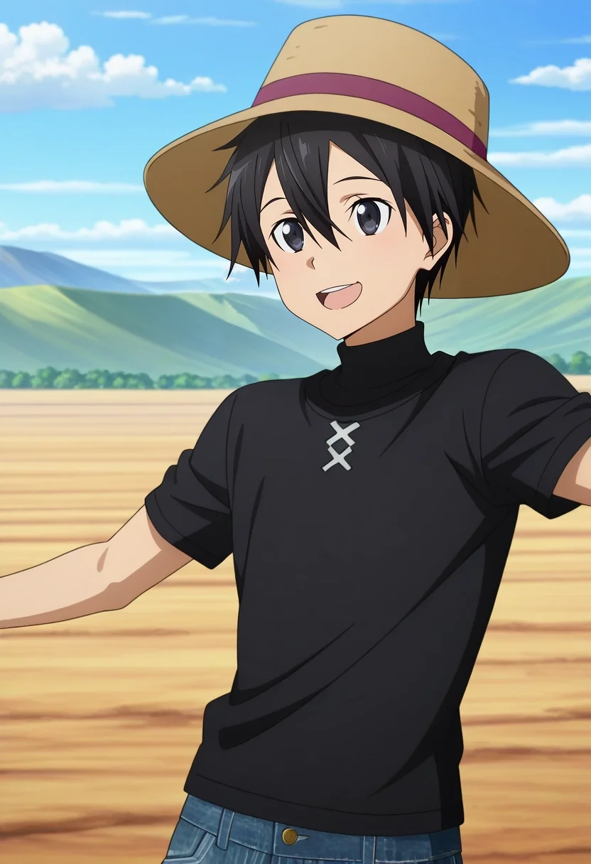 masterpiece, best quality, , anime screencap, anime coloring, official style, , 1boy, solo, male focus, <lora:kazuto_kirigaya_ilxl:1>, kazuto_kirigaya, kirito, black hair, black eyes, short hair, hair between eyes, upper body, death valley, day, clouds, dancing, giggling, Patchwork Denim bermuda shorts, Turtleneck T-shirt, , Trilby hat,