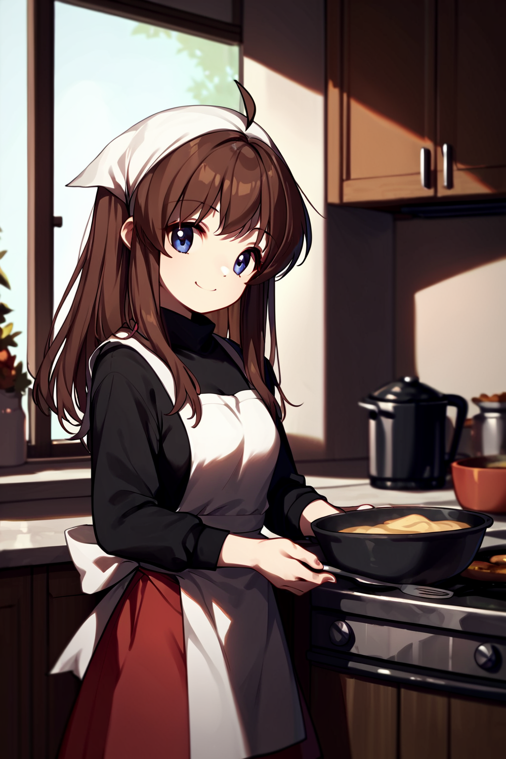 score_9, score_8_up, score_7_up, score_6_up, rating_safe, source_anime, solo, indoors, kitchen, (cooking soup),  <lora:miyazawa-yukine-xl-03:1>, miyazawa yukine, (white bandana), apron, black sweater, red skirt, black leggings, tiny ahoge, brown hair, small breasts, smile