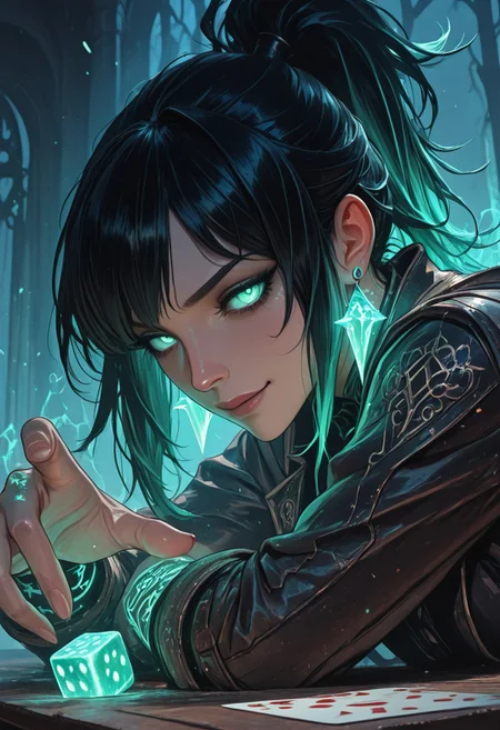 (masterpiece), (best quality), 8k, 1girl, dramatic foreshortening, view from table-level looking upward, confident smirk, throwing large glowing dice toward viewer, dice very close to the foreground, perspective distortion, waist-up composition, glowing tattoos on arms and neck, magical aura, floating playing cards in the air, cinematic fantasy lighting, dark mystical casino vibe, arcane runes swirling around, asymmetrical hairstyle with glowing tips or high ponytail, leather outfit with ornate embroidery, glowing eyes, windblown hair, glowing earrings, focused intense expression, glowing dice trail effect,