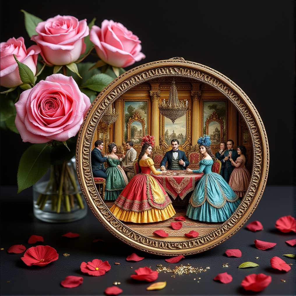 Miniature diorama of a masquerade ball next to a bouquet of roses, detailed digital illustration of a masquerade ball held in a palace, 19th century, colorful dresses, masks, well-dressed women, glamorous, lascivious and somewhat decadent atmosphere, <lora:Flux.1_Turbo_Detailer:0.7>, <lora:Diorama_Flux:0.8>