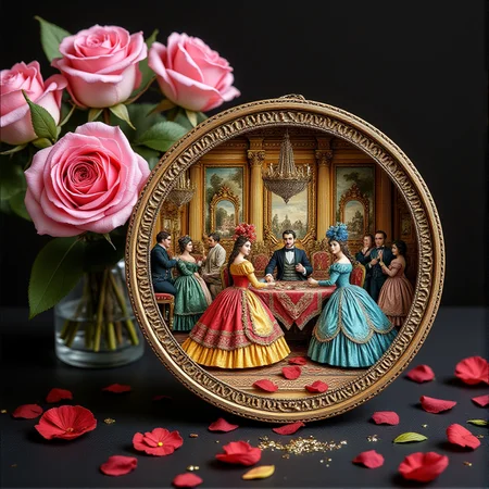 Miniature diorama of a masquerade ball next to a bouquet of roses, detailed digital illustration of a masquerade ball held in a palace, 19th century, colorful dresses, masks, well-dressed women, glamorous, lascivious and somewhat decadent atmosphere, <lora:Flux.1_Turbo_Detailer:0.7>, <lora:Diorama_Flux:0.8>