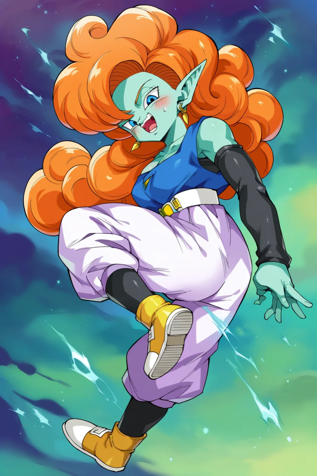 score_9, score_8_up, score_7_up, score_6_up, score_5_up, score_4_up, masterpiece, high quality, BREAK, full body, BREAK, 1girl, <lora:Zangya:0.8> zangya (dragon ball), orange hair, blue skin,