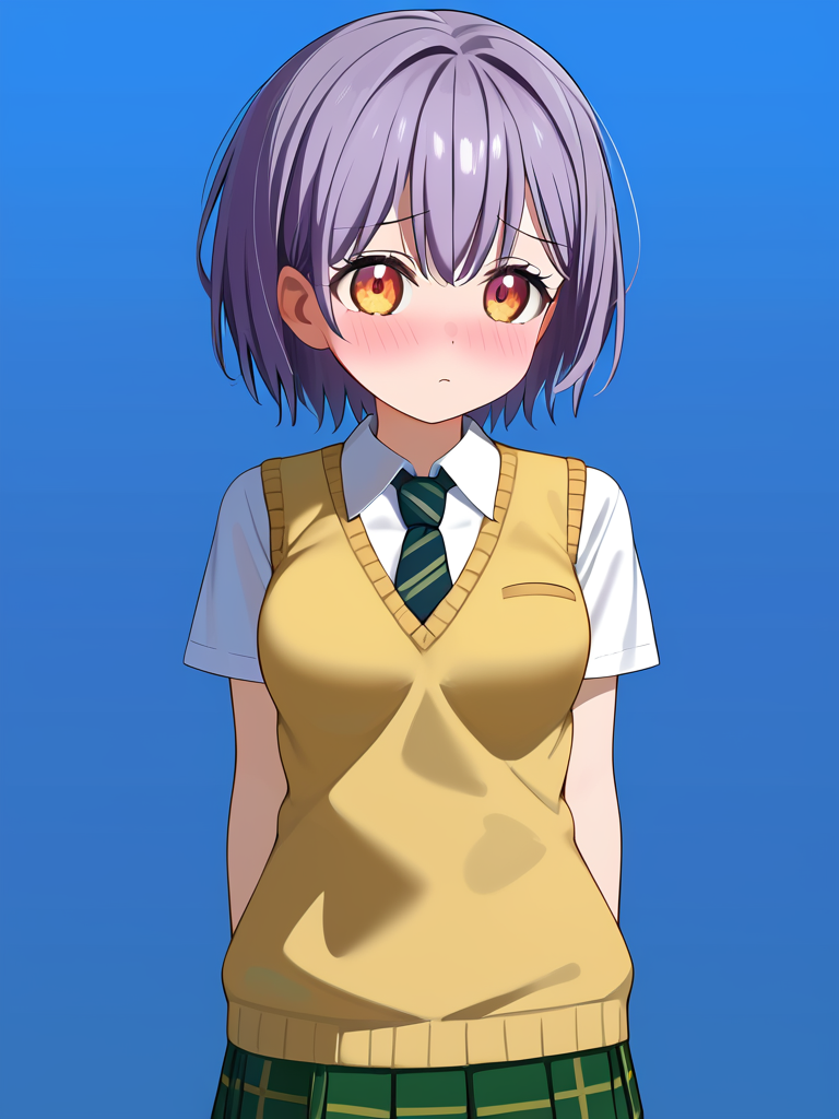 <lora:takamatsu_tomori_PonyXL:1>, :t, takamatsu tomori, 1girl, solo, bangs, short hair, grey hair, amber eyes, medium breasts, cowboy shot, school uniform, plaid skirt, green skirt, pleated skirt, green striped necktie, yellow sweater vest, collared shirt, white shirt, shy, blush, simple background, blue background, purple hair, arms at sides, gradient background, short sleeves, bare arms, incoming kiss,, best quality, masterpiece, highres,