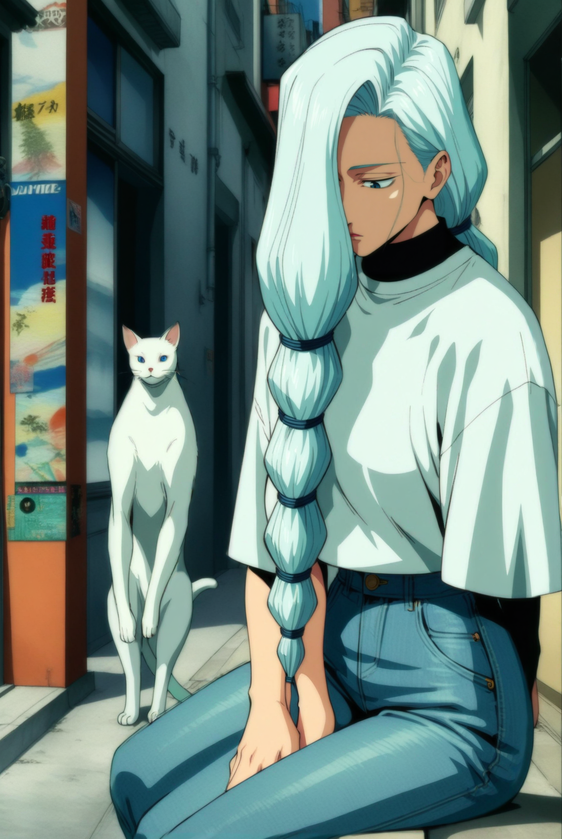 1girl, mei mei \(jujutsu kaisen\), jujutsu kaisen , (90s anime style:1.5), front view, outdoors, street view, (looking down:1.3), perfecteyes, shirt, denim shorts, (a single white cat sitting next to them) <lora:detailed_notrigger:1> <lora:ParchartXL_CODA:0.2> <lora:Isometric Cutaway:1> <lora:PerfectEyesXL:1> <lora:Surreal Harmony:0.2>
