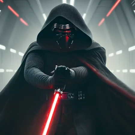 cinematic film still of <lora:star wars style v2:0.8>
<lora:detailed:0.4> detailed
<lora:perfection style:0.4> perfect
<lora:PerfectEyesXL:0.5>
<lora:Chiaroscuro Lighting Style:0.3>
In Star Wars Fictional universe Kylo Ren a man in a dark robe holding a red electrifying light saber in star wars universe,solo,red eyes,gloves,1boy,standing,weapon,male focus,belt,sword,cape,armor,ascot,mask,glowing,helmet,black coat,black cape,energy sword,covered face,helm,lightsaber , cinematic, film, detailed background, motion picture style, different style, different people, space opera, realistic, sci fi style, cinematic light, dramatic light, perfect color, perfect scene, star wars style, shallow depth of field, vignette, highly detailed, high budget, bokeh, cinemascope, moody, epic, gorgeous, film grain, grainy