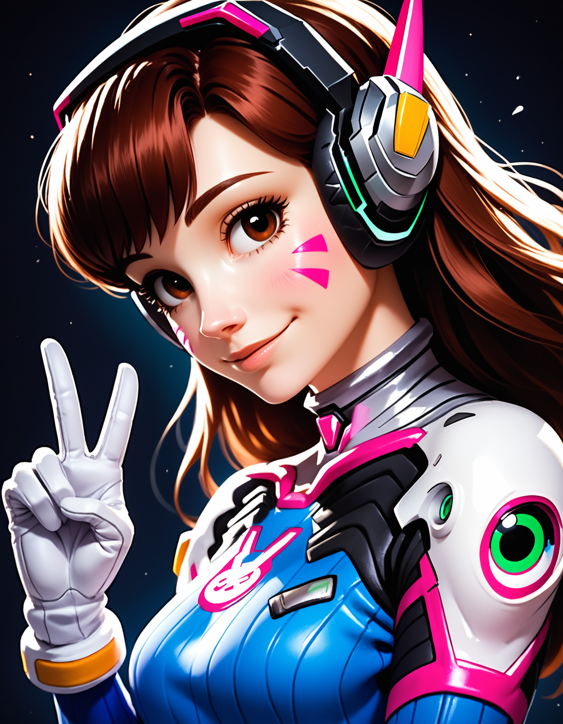 score_9, score_8_up, score_7_up, rating_safe, dark background
1 girl, solo, cute, (short:1.2), small body, (shortstack:1.1), d.va \(overwatch\), headshot portrait, side view, close-up, looking at viewer, bodysuit, (head tilt:1.2), white gloves, slight smile, headphones, dutch angle, v sign