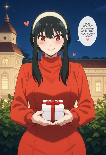 score_9, score_8_up, score_7_up, source_anime,
BREAK,
happy and in love, gentle smile, looking at viewer, Expressiveh, yor briar, black hair, red eyes, sidelocks, hairband, short hair with long locks, white hairband, medium breasts, dress, long sleeves, red sweater, sweater, sweater dress, 1girl, solo, wide hips, blush, text bubble, hearts,
standing, standing straight, one hand on hip, upper body, portrait, holding a heart-shaped gift box,
night, in a luxurious palace rooftop near the beach, outdoors,