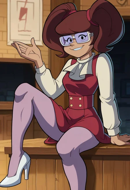 score_9, madelyn dinkley, brown hair, twintails, glasses, ascot, crimson dress, undershirt, purple pantyhose, white heels, smile, looking at viewer