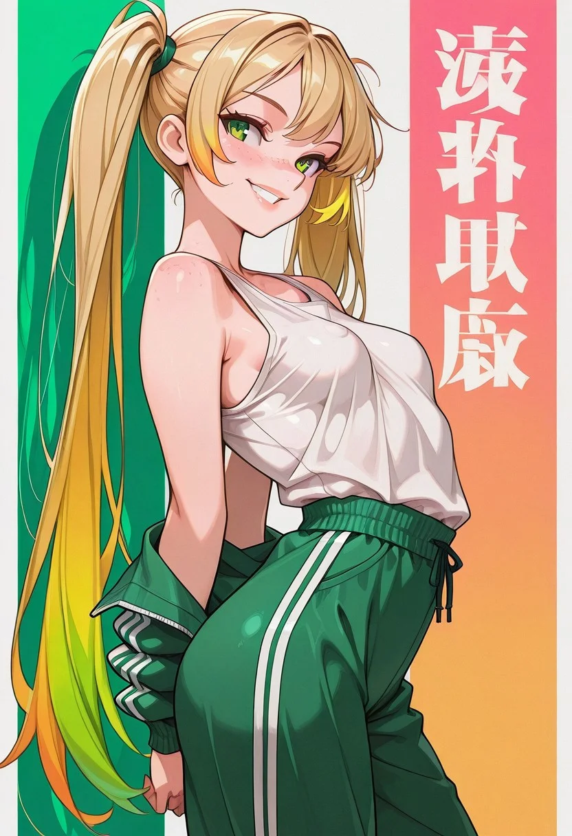 masterpiece, best quality, 32k, high resolution, absurdres, girl,
skindentation, d41z3n, Lizzie, LizzieRH, Adult girl, blonde hair, twin tails, very long hair, hair_between_eyes, colorful highlights, green eyes, freckles, small mouth, cute full lips, slim, small breasts, fit, track suit pants, loose tank top, side boobs, nipple peek, dynamic pose, multicolour background, flat colors, bold lines, grainy, smiling, posing sexy, sporty, dynamic, shadow, side view, holding own hands, big smile, teeth