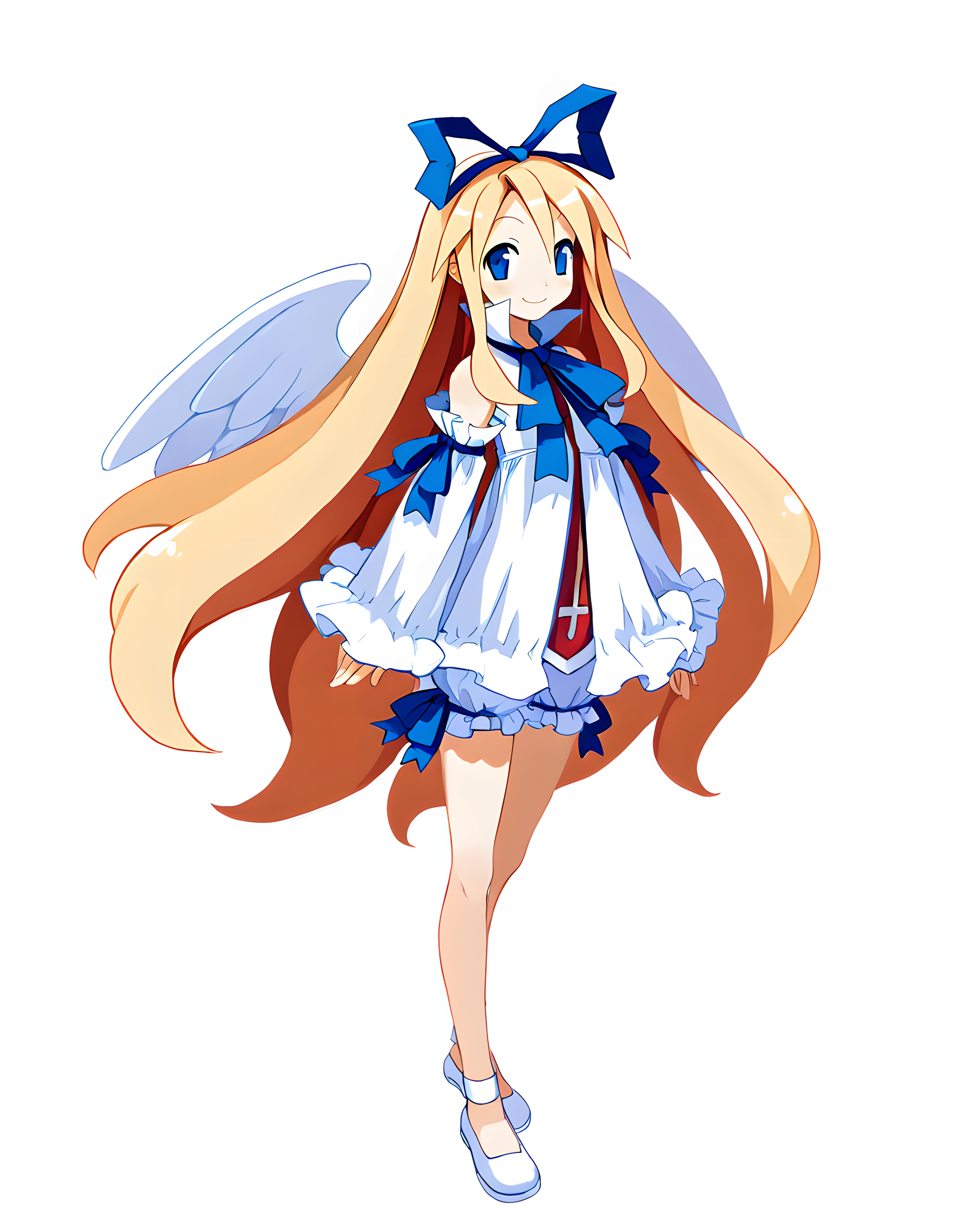 <lora:illustrious_XL_flonne:0.8>,flonne,masterpiece,best quality,good quality,1girl,solo,blue ribbon,blue eyes,angel wings,dress,frills,detached sleeves,white bloomers,shoes,smile,standing,white_background,full body,