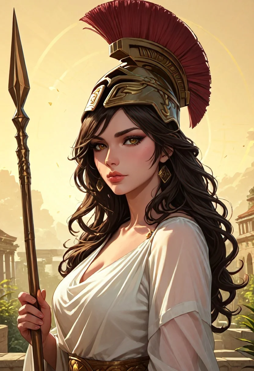 ((zPDXL3)), score_9, score_8_up, score_8, (sexy:2.5), (SuperQuality:1.0) ~ (SuperQuality:1.2), Fantasy, ((EnhanceImage)), perfecteyes, ultra detailed, high resolution, high quality, masterpiece, intricate details, intricate body, intricate landscape, knva, Expressiveh, European Instagram Model, upper body shot, waist-up portrait, low light, Ancient Greece, Greek Temple, 
BREAK
1girl, solo, source_cartoon, mature female, greek_athena, helmet ontop of head, brown hair, long hair, toga, armor, sandals, holding spear high, confident stance, cocked hip, cowboy shot, beautiful, full lips, looking at viewer, closed mouth,
<lora:Pyrrha:1> <lora:4th_tail_v0.3_lora_extract_l:0.60>