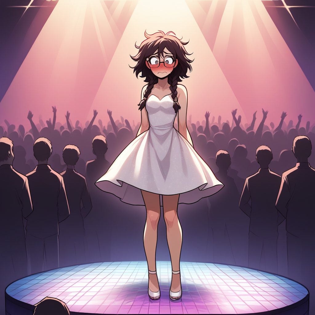 score_9, score_8_up, score_7_up, score_6_up, score_5_up, score_4_up, zPDXL2,source_anime,rating_questionable, 1girl, nerd, thick glasses, blush, embarrassed, conservative dress, messy hair, braids <lora:Nightclub_Rave:0.8> n1ghtrav3, crowd, nightclub, crowded, rave, dance floor