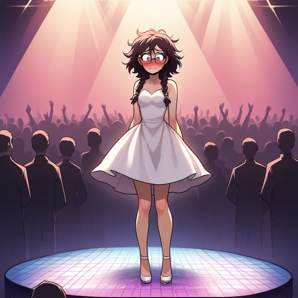 score_9, score_8_up, score_7_up, score_6_up, score_5_up, score_4_up, zPDXL2,source_anime,rating_questionable, 1girl, nerd, thick glasses, blush, embarrassed, conservative dress, messy hair, braids <lora:Nightclub_Rave:0.8> n1ghtrav3, crowd, nightclub, crowded, rave, dance floor