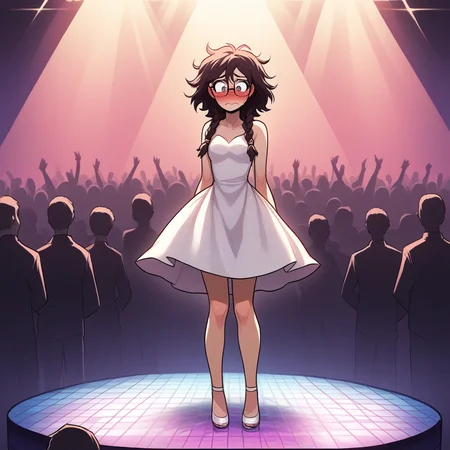 score_9, score_8_up, score_7_up, score_6_up, score_5_up, score_4_up, zPDXL2,source_anime,rating_questionable, 1girl, nerd, thick glasses, blush, embarrassed, conservative dress, messy hair, braids <lora:Nightclub_Rave:0.8> n1ghtrav3, crowd, nightclub, crowded, rave, dance floor
