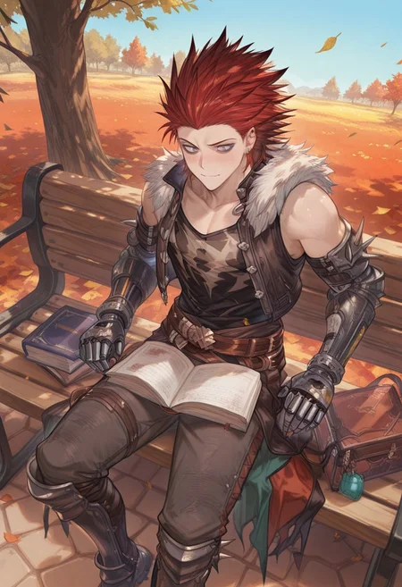 masterpiece, best quality, newest, extreme detail description, amazing quality, 1boy, solo, Rag4zz0_gbf, red hair, spiked hair, grey eyes, bag under eyes, mechanical arms, ear piercing, earrings, sleeveless jacket, fur trim, tank top, leather belt, pants, ripped pants, leg armor, slight smile, faint blush, sitting on bench, trees, falling leaves, outside, sunny, blue skies, from above, book on lap