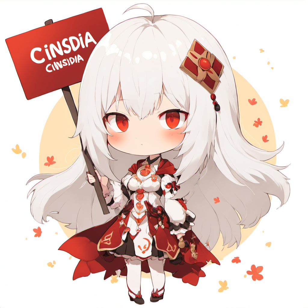<lora:chibi_anime:1>1 white hair and red eyes girl  holds a sign that says Cinsdia