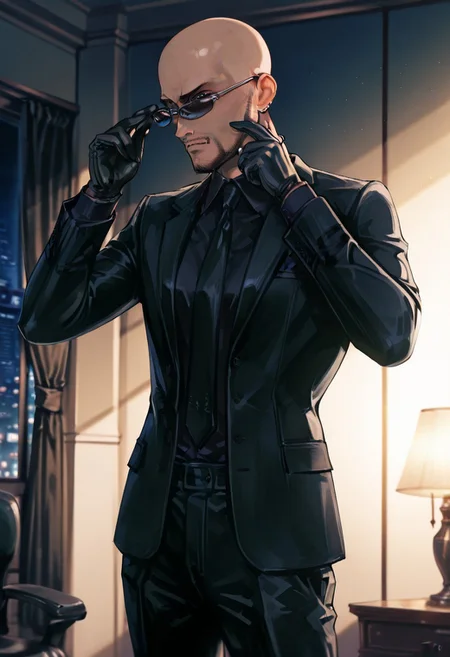 masterpiece,best quality,amazing quality,very aesthetic,absurdres,newest, detailed faces, (((typ0))), (vibrant, dynamic lighting, edge lighting), (dramatic lighting:1.5), (detailed faces:1.5), (detailed eyes:1.5), penthouse, hotel room, inside, night, at night, nighttime
BREAK
(1girl: RudeFF7, solo, sunglasses, bald, beard, black suit, necktie, black shirt, gloves, shoes, dark-skinned man, earring),
BREAK
pose, standing, adjusting sunglasses, sunglasses on face