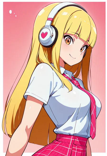 masterpiece, best quality, solo, curvy, beautiful eyes, narrow waist, wide hips, 1girl, solo, smile, looking at viewer, foreshortening, close up, anime screenshot, zzPearlCitron, brown eyes, blonde hair, long hair, straight hair, blunt bangs, white headphones, pink necktie, collard shirt, white shirt, plaid skirt, pink skirt, shirt tucked in, ,<lora:PearlRakuCitronOC_IXL:1.0>, , smile, looking at viewer, side view, upper body, <lora:DiivesIXL:1.0>,