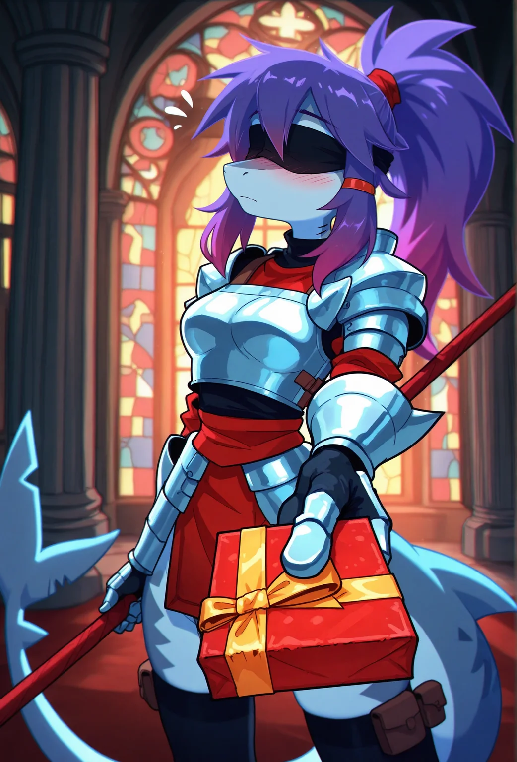 masterpiece,best quality,amazing quality, <lora:groovy_smooth_style_illustrious_v1f:0.85> groovysmoothstyle, (chromatic aberration:1.1), 1girl, (furry female:1.1), (shark girl, shark:1.2), solo, blindfold, (blush:1.1), purple hair, sidelocks, gradient hair, long hair, ponytail, expressionless, flying sweatdrops, snout BREAK
armor, breastplate, medium breasts, shoulder armor, armored gloves, faulds, thighhighs, , pillar, low lighting, dark, dim lighting, fish tail, (scales:1.1), blue skin, presenting gift, incoming gift, pov, outstretched arm, depth of field, holding polearm, foreshortening, stained glass, backlighting