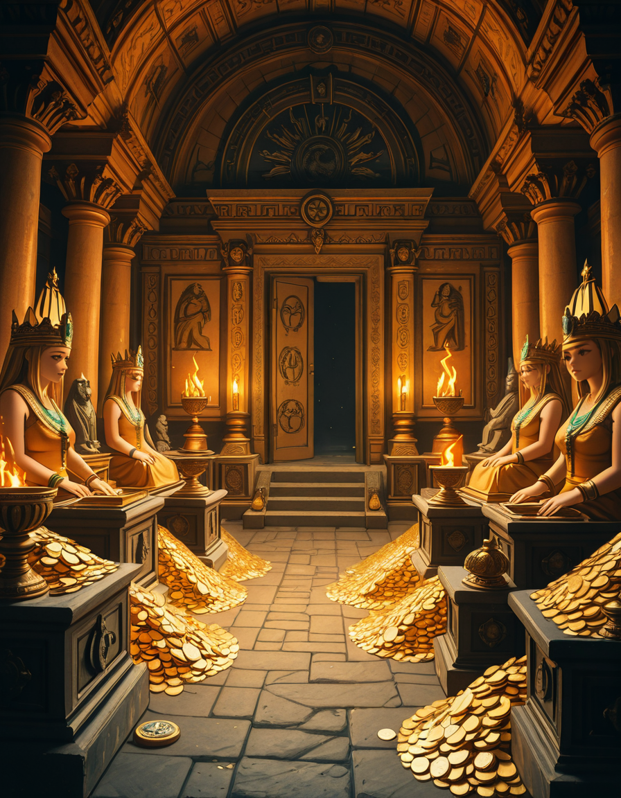 A hidden treasure chamber deep within an ancient temple, illuminated by the warm golden glow of torches and mystical blue light from enchanted crystals. The room is filled with piles of gold coins, jewel-encrusted goblets, and ancient artifacts covered in dust. Massive stone statues of forgotten deities guard the chamber, their eyes glowing faintly as if watching intruders. In the center, a grand pedestal holds a legendary artifactâan ornate golden crown encrusted with emeralds and sapphires, shimmering with an otherworldly aura. The walls are adorned with intricate carvings depicting lost civilizations, and creeping vines hint at centuries of abandonment. The atmosphere is mystical and slightly eerie, with a sense of both wonder and danger. The air is thick with the scent of aged parchment and burning incense, adding to the chamberâs ancient and mysterious feel. Cinematic lighting with dramatic shadows enhances the depth and richness of the scene, creating a visually stunning and immersive environment.
<lora:SDXLFaeTastic2400:0.4> <lora:extremely_detailed:0.4> extremely detailed,treasure ch4mb3r, <lora:treasure_ch4mb3r-i:1>, Masterpiece,best quality,hi res,8k,hi res,8k,award winning,(sharp focus, intricate, highly detailed),