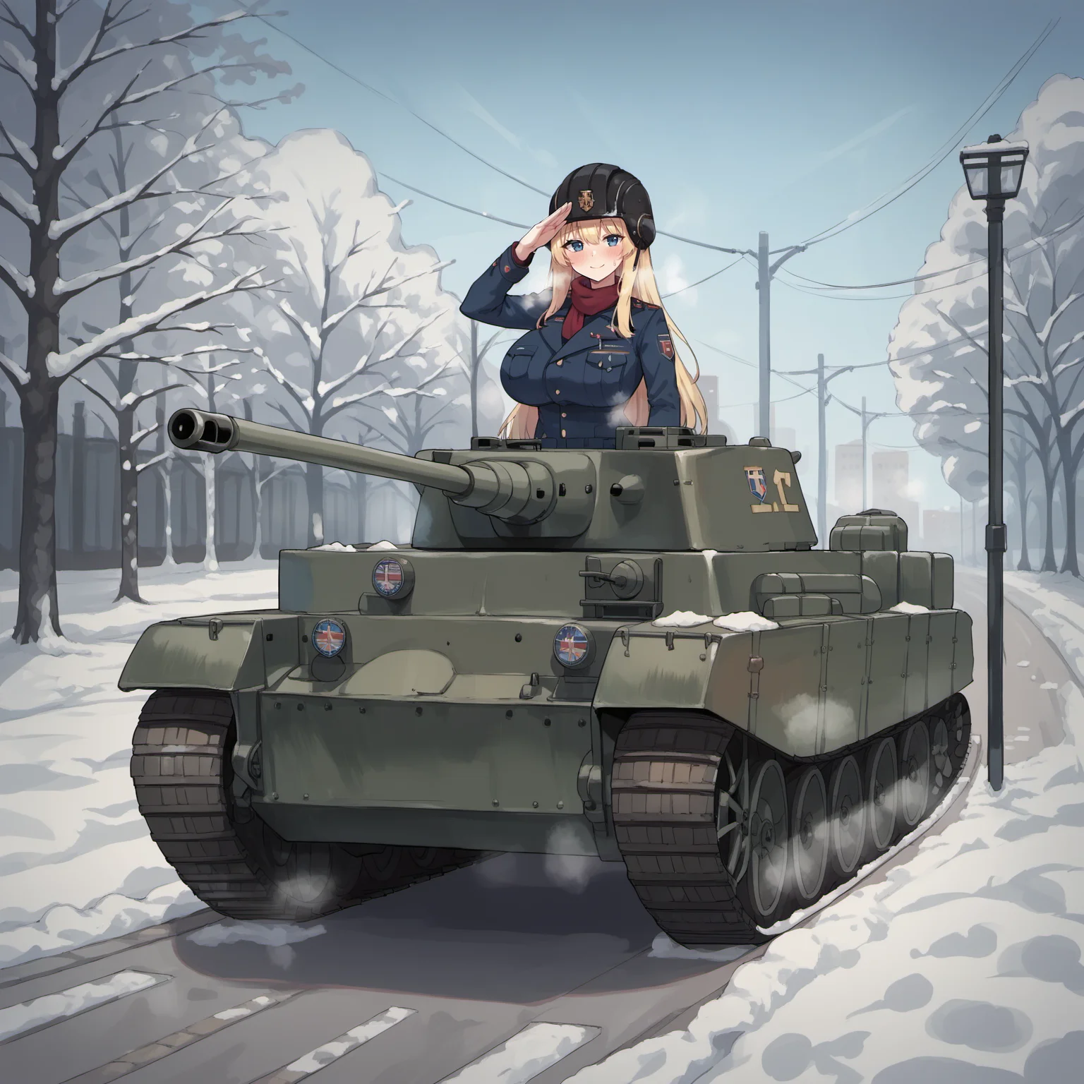 score_9, score_8_up, score_7_up, score_6_up, score_5_up, score_4_up, source_anime, masterpiece, best quality, 1girl, solo, tank, panther tank, tank commander, ground vehicle, military vehicle, caterpillar tracks, delstyle, outdoors, snow, winter, park, city in background, salute, military uniform, huge breasts, very long hair, blonde hair, military helmet, bangs, blue eyes, looking at viewer, cold, closed mouth, v eyebrows, smile, blush, steam, perfect hands, <lora:Perfect Hands:1>, <lora:StS_detail_slider_v1:4>, <lora:add-detail-xl:0.5>, <lora:Del_style_for_Pony_XL:0.6>, <lora:Tank_commander_concept:0.8>
