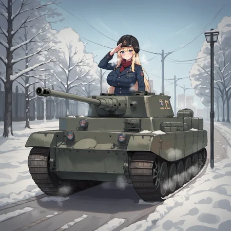 score_9, score_8_up, score_7_up, score_6_up, score_5_up, score_4_up, source_anime, masterpiece, best quality, 1girl, solo, tank, panther tank, tank commander, ground vehicle, military vehicle, caterpillar tracks, delstyle, outdoors, snow, winter, park, city in background, salute, military uniform, huge breasts, very long hair, blonde hair, military helmet, bangs, blue eyes, looking at viewer, cold, closed mouth, v eyebrows, smile, blush, steam, perfect hands, <lora:Perfect Hands:1>, <lora:StS_detail_slider_v1:4>, <lora:add-detail-xl:0.5>, <lora:Del_style_for_Pony_XL:0.6>, <lora:Tank_commander_concept:0.8>