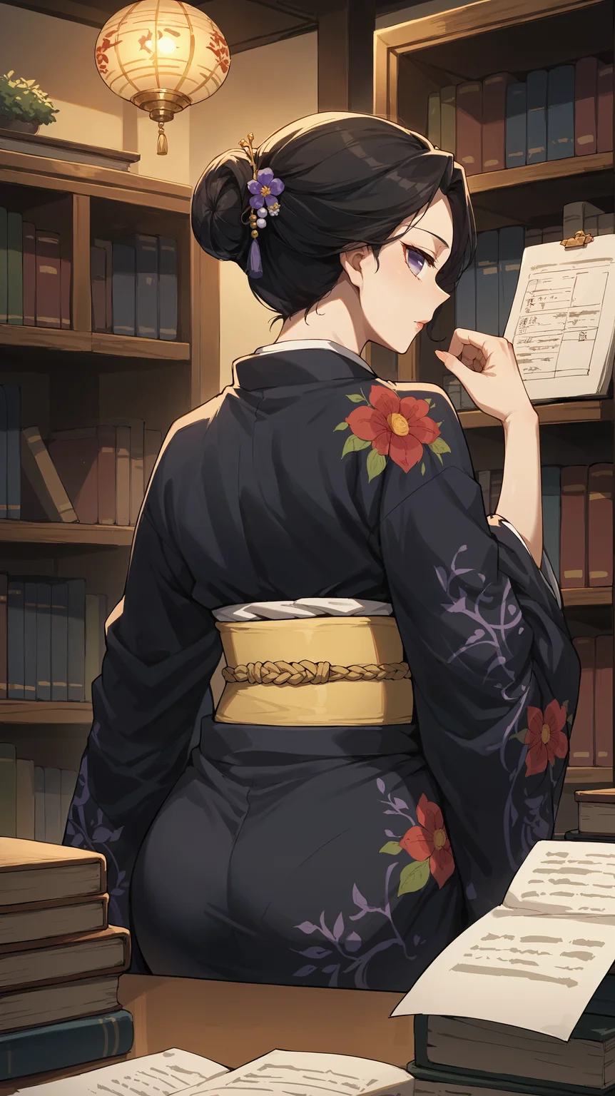 score_9,score_8_up,score_7_up,score_6_up, source_anime, zPDXL3, <lora:xl_more_art-full_v1:0.5>, woman, dynamic pose, turned away but looking back over her shoulder, <lora:Tamayo - Pony-000004:0.8>, black hair, hair up, empty eyes, hair ornament, japanese clothes, purple kimono, floral print, yellow obi, east asian architecture, interior, office, bookshelf,