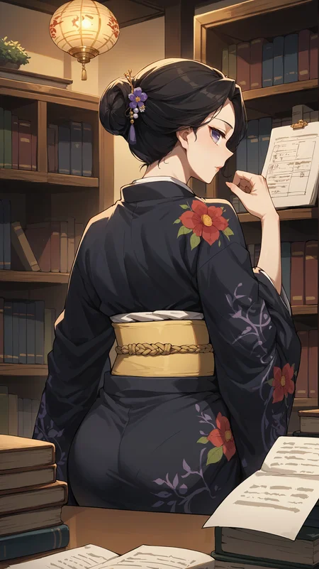 score_9,score_8_up,score_7_up,score_6_up, source_anime, zPDXL3, <lora:xl_more_art-full_v1:0.5>, woman, dynamic pose, turned away but looking back over her shoulder, <lora:Tamayo - Pony-000004:0.8>, black hair, hair up, empty eyes, hair ornament, japanese clothes, purple kimono, floral print, yellow obi, east asian architecture, interior, office, bookshelf,