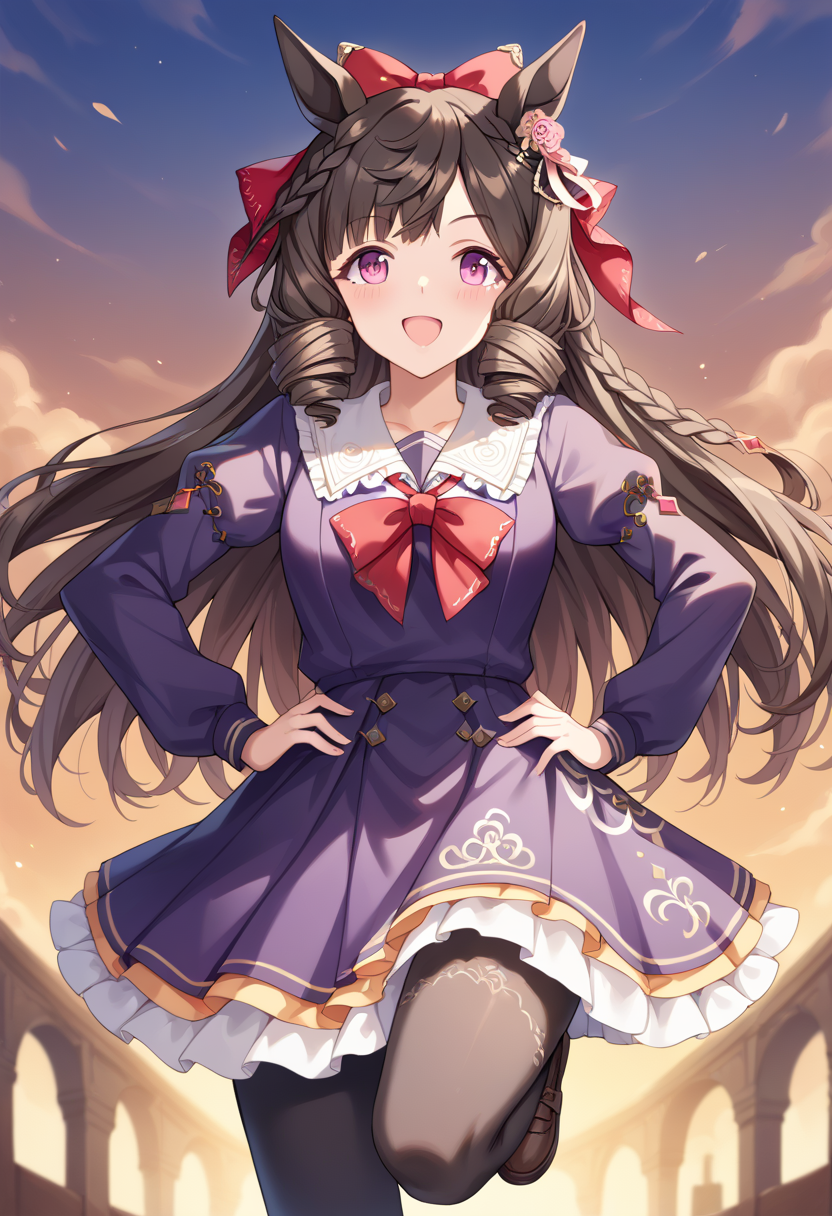 score_9, score_8_up, score_7_up, best quality, masterpiece, source_anime, zPDXL3, BREAK, <lora:daiichi_ruby_umamusume:1>  ,daiichi_ruby_(umamusume), tracen_school_uniform,, close-up, Standing on one leg with hands on hips, open mouth,  dazed, happy, happy aura,  smile,, medieval, in a fortress, barracks ,,