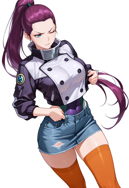masterpiece,high quality details, ultra realistic, high detailed skin,absurdres,
<lora:Tasha_CNR:0.8> tasha_cnr, 1girl, purple hair, very long hair, ponytail, blue eyes, large breasts, midriff, pulled back hair,, simple background, white background, dynamic angle,solo,, furrowed brow,one eye closed,, leotard under clothes,double-breasted jacket ,denim skirt, ,orange thighhighs,