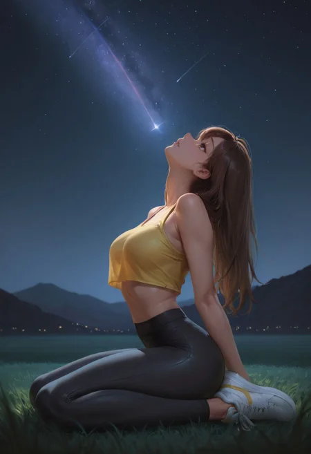 SmoothNoob_Quality, 1girl, solo, brown hair, long hair, loose hair, detailed eyes, parted lips, slight smile, cropped top, yellow top, midriff, toned, leggings, black pants, white sneakers, on grass, leaning back, looking up, sitting, side view, arched back, night light, starry sky, low light, night sky, field, grassy, dark background, mountains, scenery, shooting star, full body, <lora:SmoothStyle_Lambda:1>