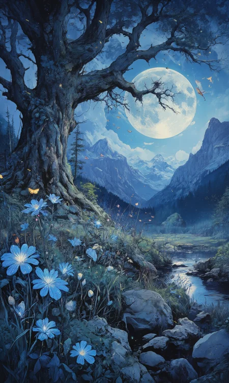 Ethereal moonlit meadow, vast expanse of luminescent blue flowers and silvery grass swaying in gentle breeze, fireflies dancing like stars, ancient gnarled oak tree silhouetted against pearlescent full moon, wispy clouds drifting across starry night sky, dewdrops glistening on petals, nocturnal moths with intricate wing patterns fluttering, distant mountains shrouded in mist, shallow creek reflecting moonlight, moss-covered rocks, glowing mushroom clusters, subtle fog tendrils, 8k resolution, hyper-detailed, atmospheric depth, cinematic lighting, soft focus edges, photorealistic rendering, mystical ambiance <lora:aidmaMJ6.1-FLUX-v0.4:0.3> <lora:Anime v1.3:0.4> <lora:Vintage comic book:0.4> <lora:Semi-realisticPortraitPainting:1.0> <lora:CPA:1.0> <lora:flux_dev:1>