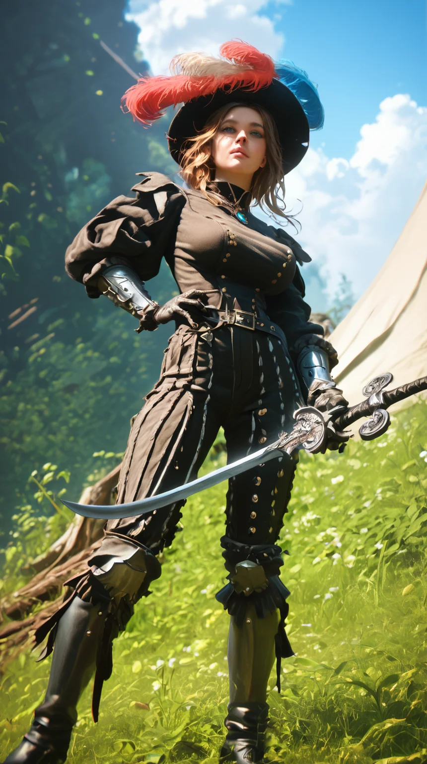 score_9, score_8_up, score_7_up, realistic, 1girl, slender, slim waist, huge breasts, perfect face, dynamic angle, multi-color, motley, pants, boots, hat, jewelry, plume, weapon, sword, greaves, l4ndskn3cht, outdoors, steep <lora:landsknecht-PNY-000009:1.0>
<lora:Dramatic Lighting Slider:1> <lora:Perfect Hands:0.5> Perfect Hands