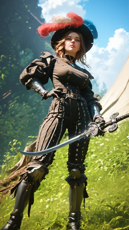 score_9, score_8_up, score_7_up, realistic, 1girl, slender, slim waist, huge breasts, perfect face, dynamic angle, multi-color, motley, pants, boots, hat, jewelry, plume, weapon, sword, greaves, l4ndskn3cht, outdoors, steep <lora:landsknecht-PNY-000009:1.0>
<lora:Dramatic Lighting Slider:1> <lora:Perfect Hands:0.5> Perfect Hands