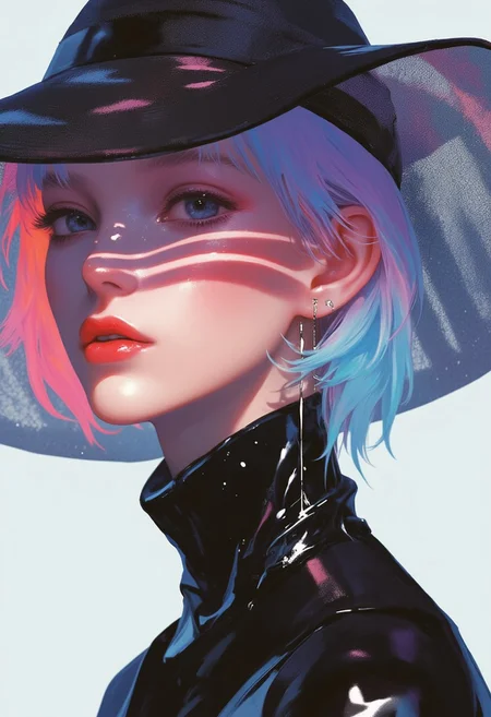 A hyper-stylized, avant-garde photograph with vibrant neon aesthetics, showcasing a close-up of a striking woman’s head and shoulders. She wears a sleek, glossy black outfit that clings tightly to her slender figure, emphasizing her high-fashion appeal. Her deep red lips stand out boldly against the otherwise monochrome attire. Atop her head sits an oversized, wide-brimmed translucent mesh hat, featuring horizontal black stripes that cast intricate, geometric shadows across her partially obscured face. Only her lips, eyes, and part of her forehead peek through the shadows, adding a layer of mystery and sophistication to her avant-garde presence.
((glow_skin,iridescent skin,oily skin,portrait))