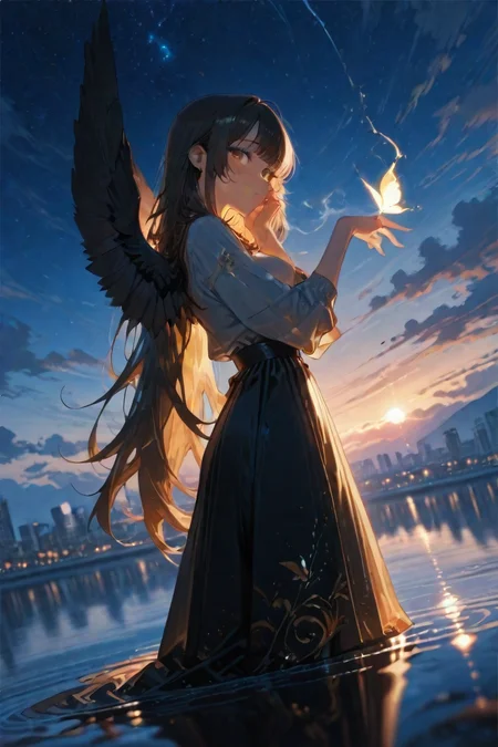 <lora:LCMV2-PONYplus-PAseer:1>
<lora:ponyv6_noobV1_2_adamW:1>
<lora:Dark_Angel_IL:1>
1girl, air bubble, back tattoo, bangs, bdsm, bird on hand, black wings, blush, bokeh, breathing fire, bridge, bubble blowing, bunny, butterfly, city, cloud, dress, fire, fireworks, from side, glowing butterfly, hands on own cheeks, lake, looking at viewer, medium breasts, outdoors, solo, standing, starry sky, sunset, twilight, very long hair, wading, water