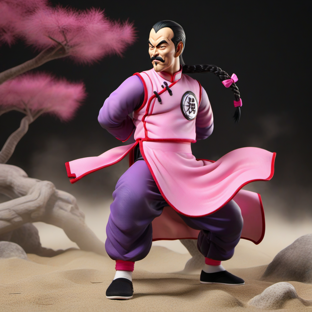 professional 3d model full body portrait 1boy, mustache, solo, single braid, black hair, pink and purple chinese clothes, facial hair, fighting stance, beach, jungle<lora:TaoPaiPai1024:0.8> . octane render, highly detailed, volumetric, dramatic lighting