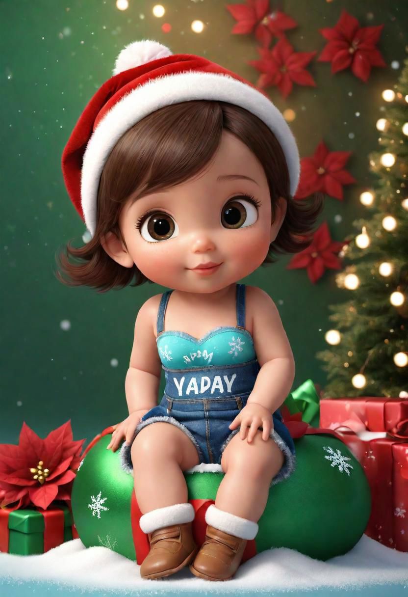 Cute cartoon style baby, latin, tender and sweet. Sitting, dressed in blue jeans and a dark green bustier with short brown hair, brown skin, a Christmas hat with the name "Yapay Kadin" in light colors and sparkles. Christmas themed background, snow, snowflakes, poinsettias, typography, 3d rendering, painting , painting, 3d render, typography, cinematicv0.2